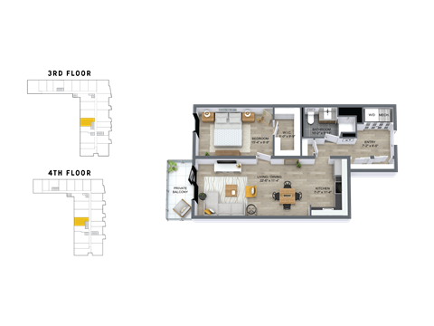 Floor plan for 1 bed, 1 bath, 841 sqft